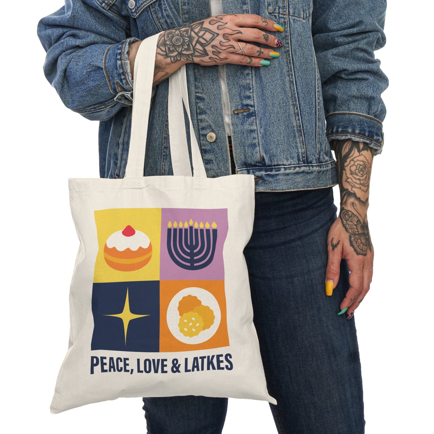 Peace, Love & Latkes tote bag