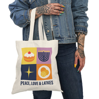 Peace, Love & Latkes tote bag