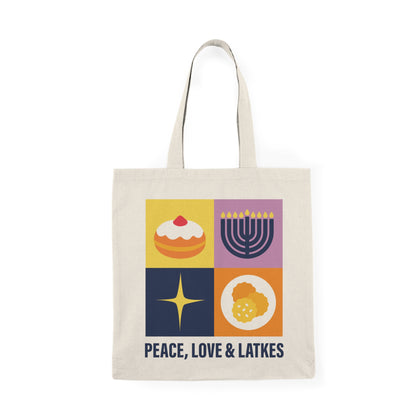 Peace, Love & Latkes tote bag